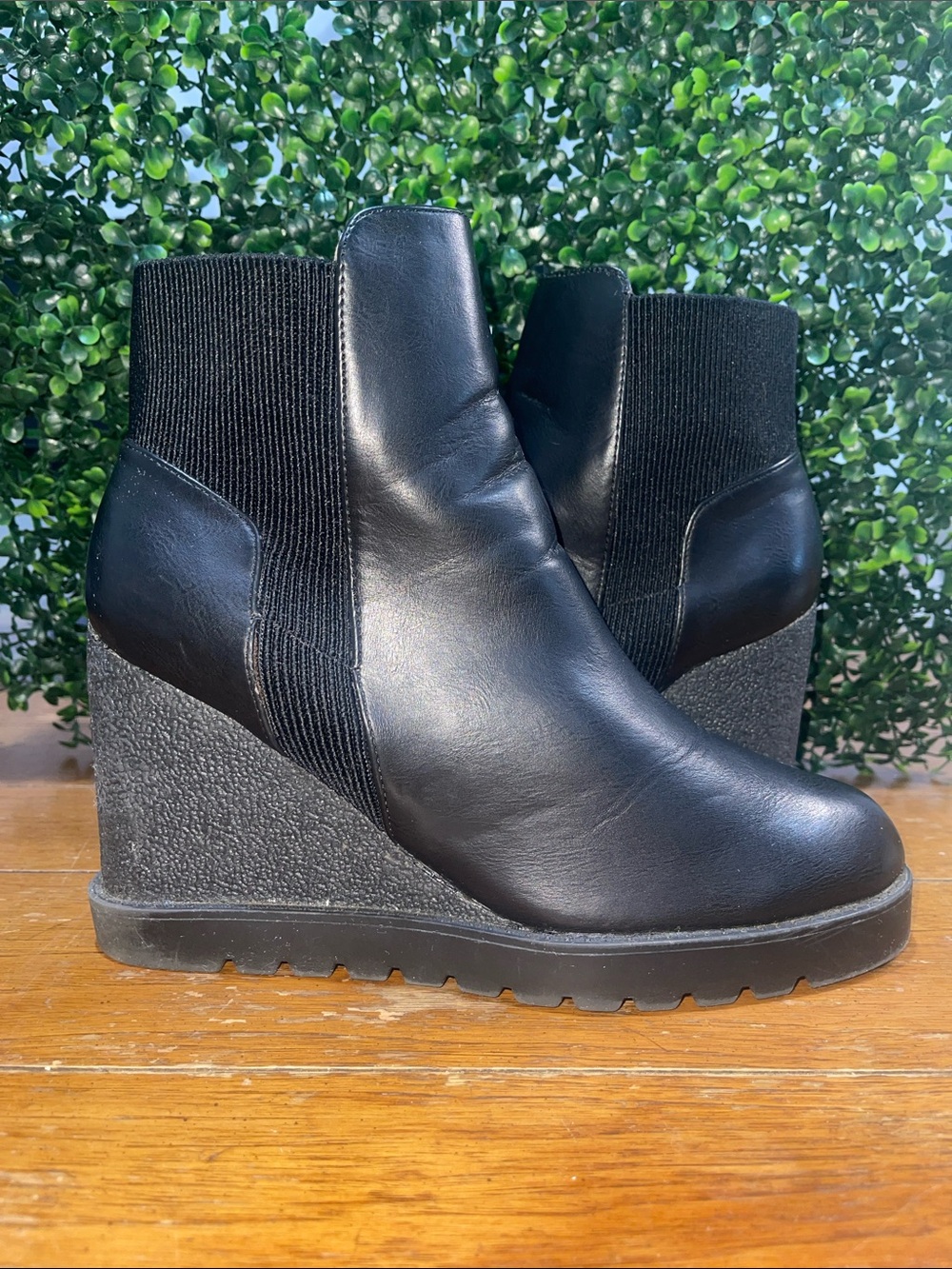 Black Wedge Ankle Boots with Elastic Side Panels